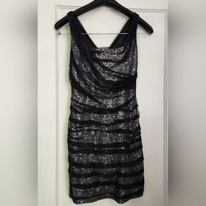 Express Silver Sequin Mini Dress with Black Mesh Overlay